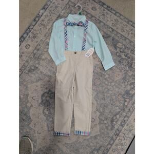NWT Boys Easter Suit Size 5T Wonder Nation Suspenders Bow Tie Blue Pink Khakis